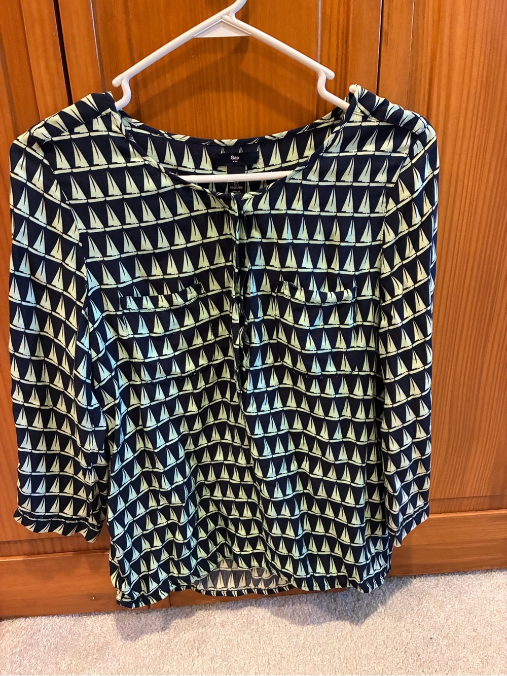 GAP Navy Blouse with Light Green Sailboat Print